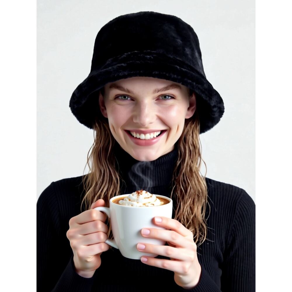 NWT Black Faux Fur Bucket Hat Lightweight Snug Fit Women’s L Winter Cozy